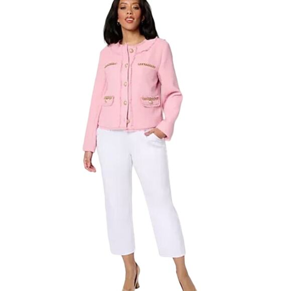 QVC Dennis Basso Textured Jacket with Goldtone Chain Detail NWT Rose Size 12 (L) - Picture 3 of 11
